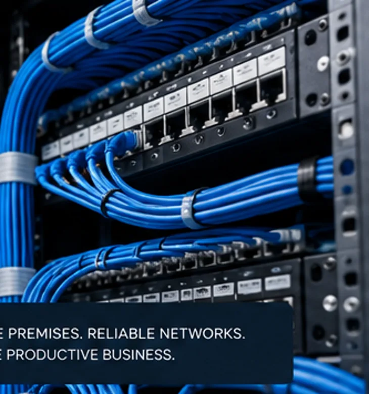 Illustrative blue structured-network cabling inside a server rack
