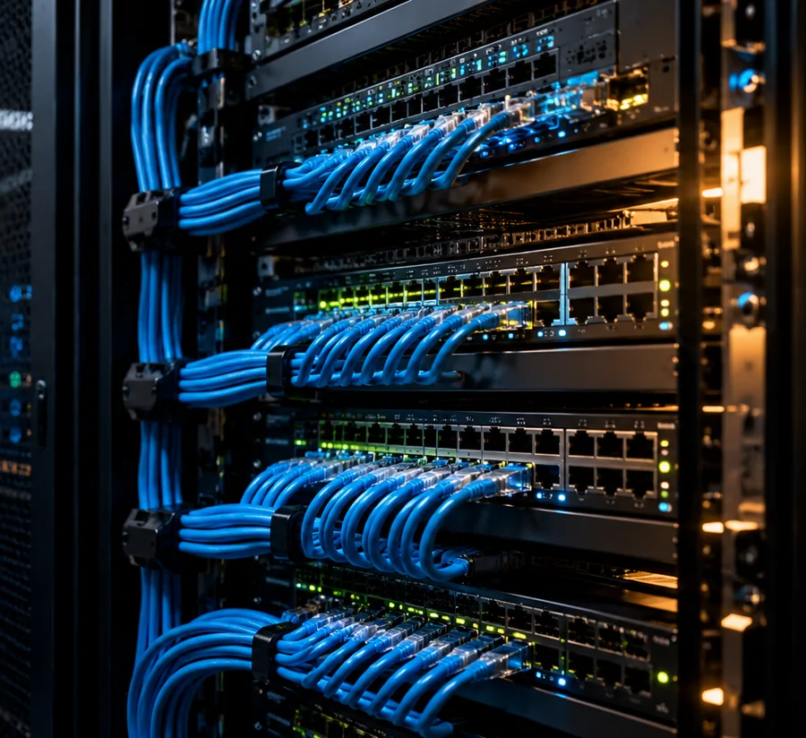 Illustrative close-up of neatly arranged network connections